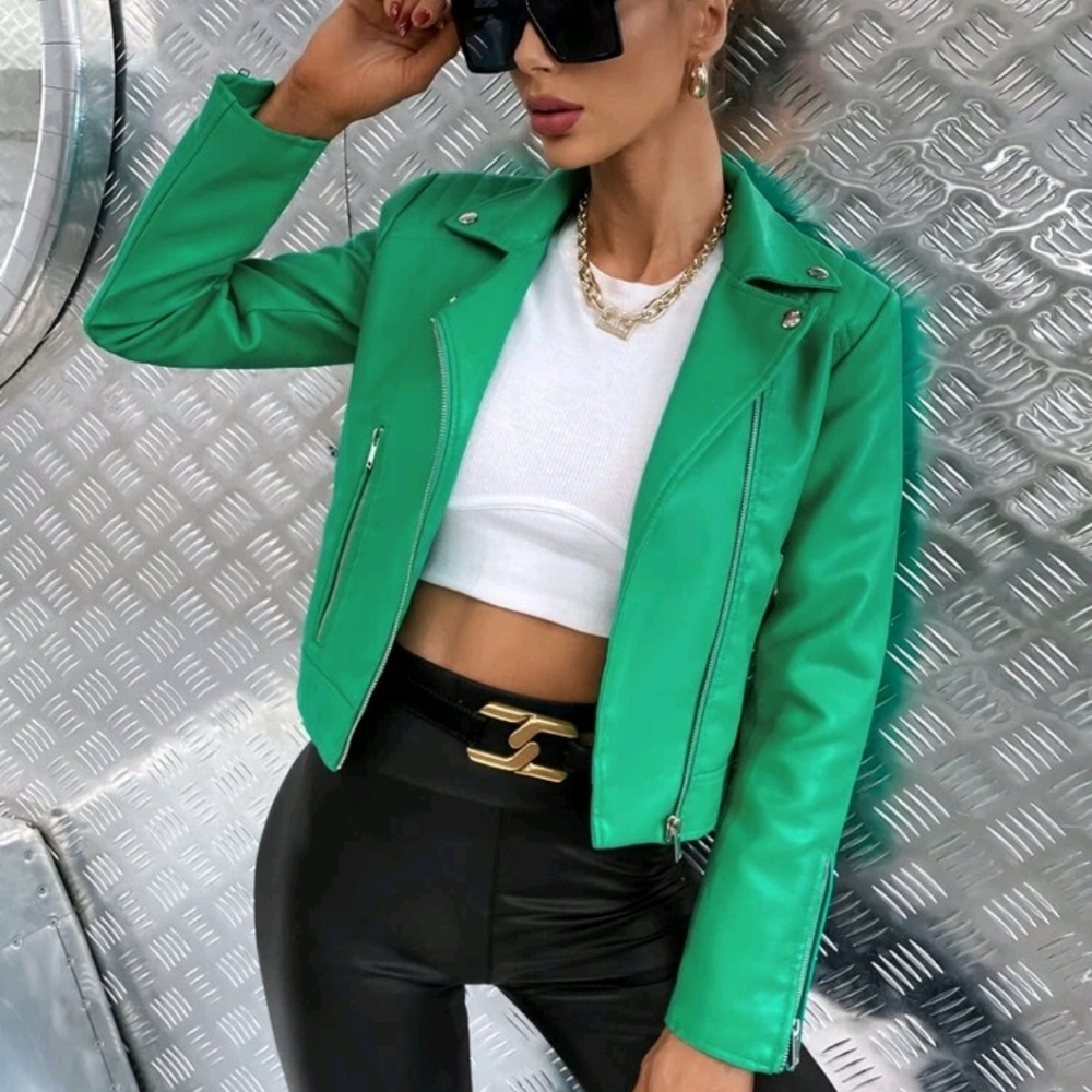 Zip Up PU Moto crop Jacket - Picture 1 of 8